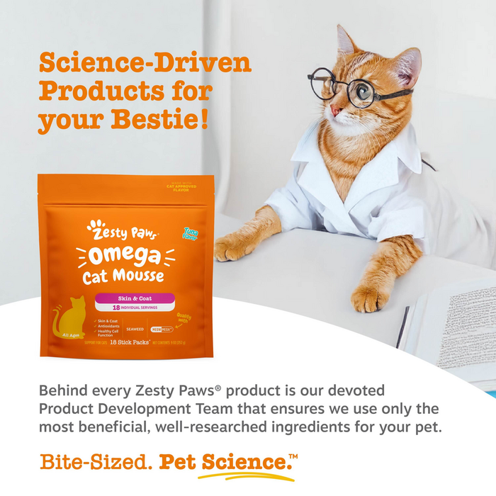 Orange Zesty Paws Omega Cat Mousse pouch with skin and coat formula next to an orange tabby cat wearing glasses and white coa