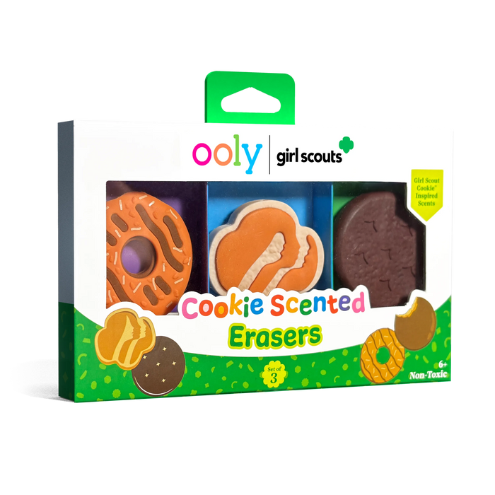 Quarter angle of front of packaging of OOLY x Girl Scouts Cookie Scented Erasers