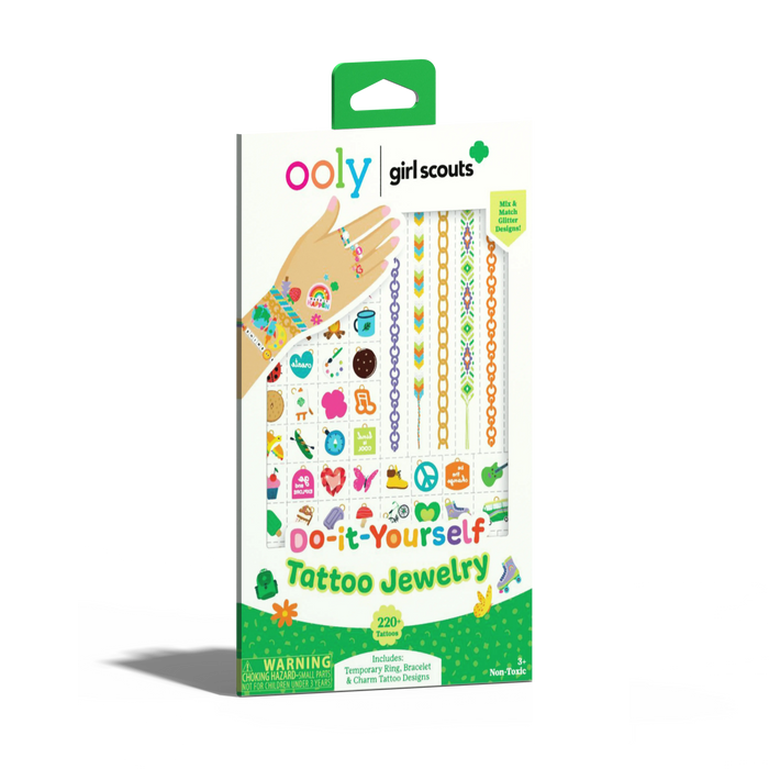 Quarter angle of front of packaging of OOLY x Girl Scouts DIY Temporary Tattoo Jewelry