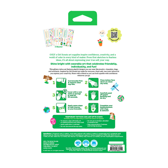 Back of packaging of OOLY x Girl Scouts DIY Temporary Tattoo Jewelry
