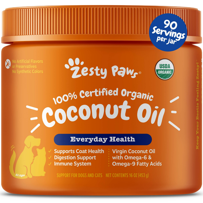 Orange jar of Zesty Paw brand organic coconut oil with white text, USDA organic seal, and blue "90 servings per jar" circle b