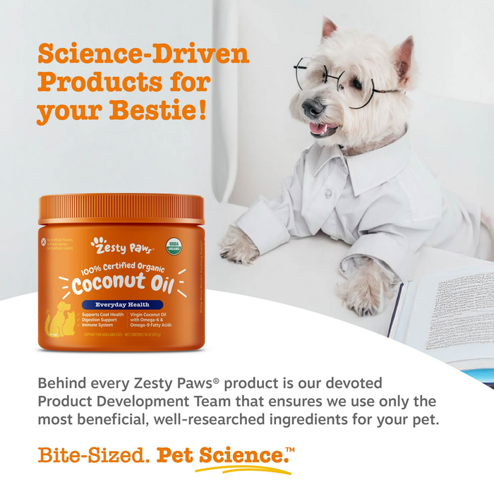 Orange jar of Zesty Paws 100% Certified Organic Coconut Oil with white dog wearing glasses and lab coat.