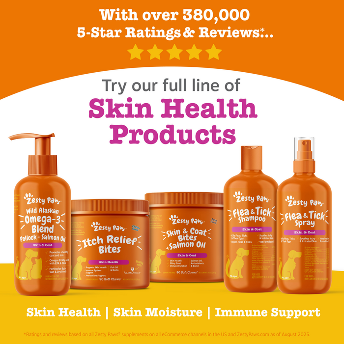 Five orange bottles and jars of pet skin health products displayed against orange and yellow background with five-star rating