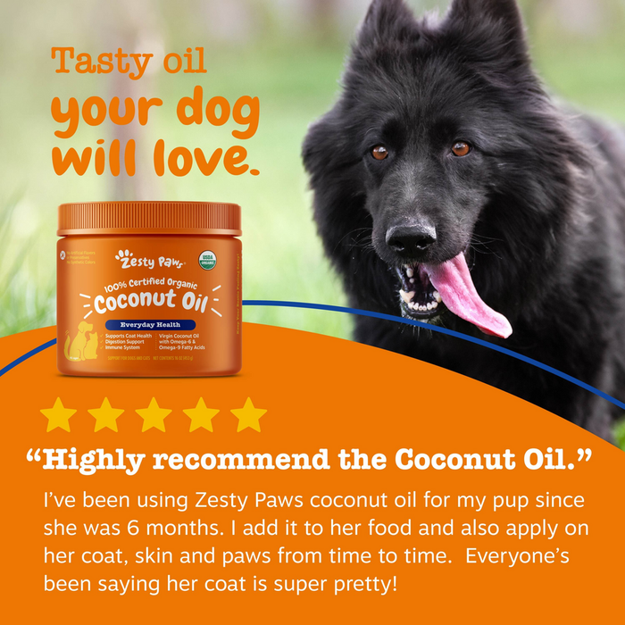Orange jar of coconut oil with paw logo next to black dog with tongue out on green background.