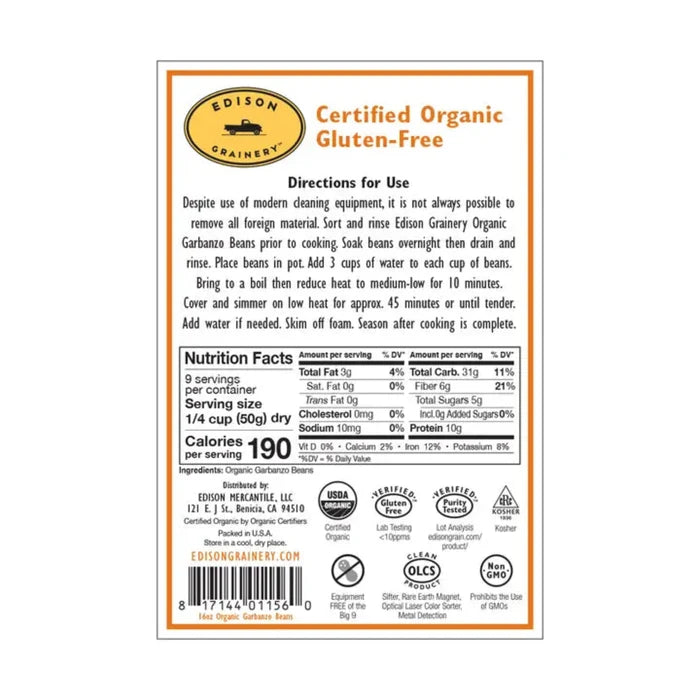 Organic Garbanzo beans - nutrition info