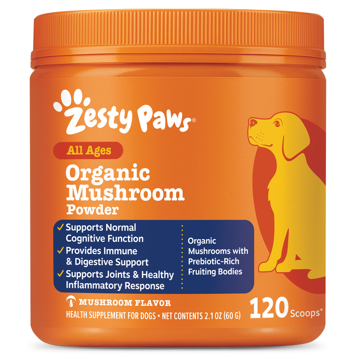 Orange jar of Zesty Paws organic mushroom powder for dogs with paw logo and yellow dog illustration on label.