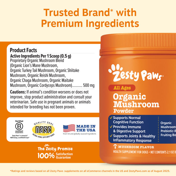 Zesty Paws Organic Mushroom Powder for dogs in orange container with product facts and ingredient information displayed.