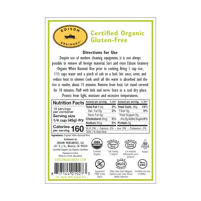 Organic White Basmati Rice - nutrition info