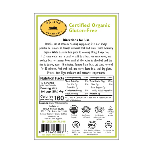 Organic White Basmati Rice - nutrition info