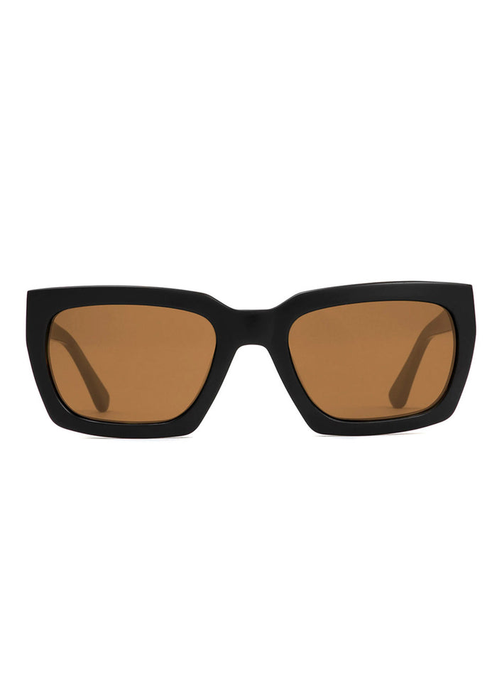 Black rectangular sunglasses with brown lenses on a white background, showcasing a modern, minimalist design.