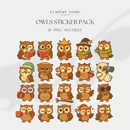 Owls Sticker Cliparts | 45+ PNG & SVG | Cartoon Style – Digital Download | Master Resell Rights
