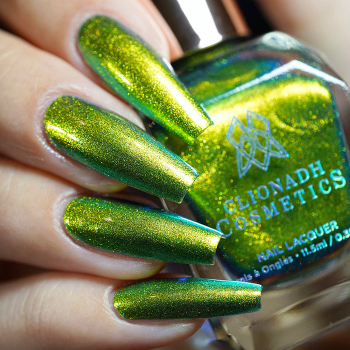 Low angled shot of long nails done with Patina Lite Nail Lacquer on fair skin tone.