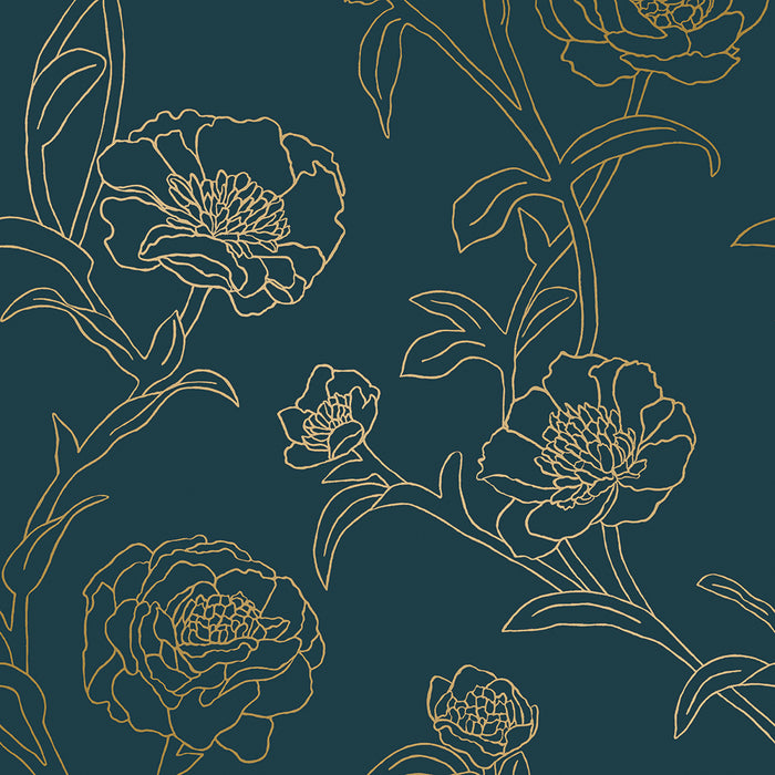 SINGLE ROLL / Peacock Blue and Metallic Gold Floral