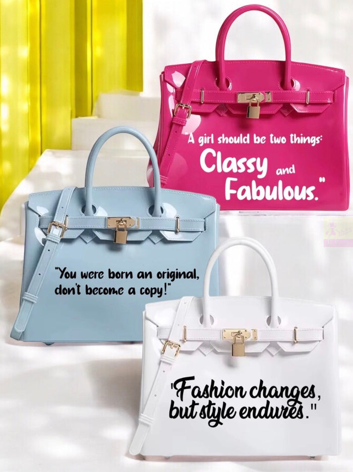 Personalized Beachkin tote bags in pink, blue, and white with inspirational quotes from Travellers Hat Boutique