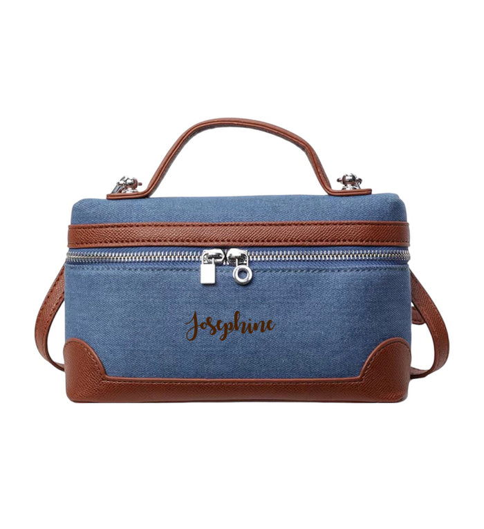 Travellers Hat Boutique custom square denim purse tote bag with brown leather accents and zipper closure