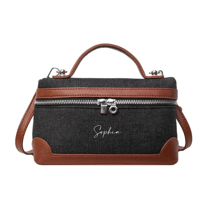 Custom square denim purse tote bag with brown leather accents and top handle by Travellers Hat Boutique