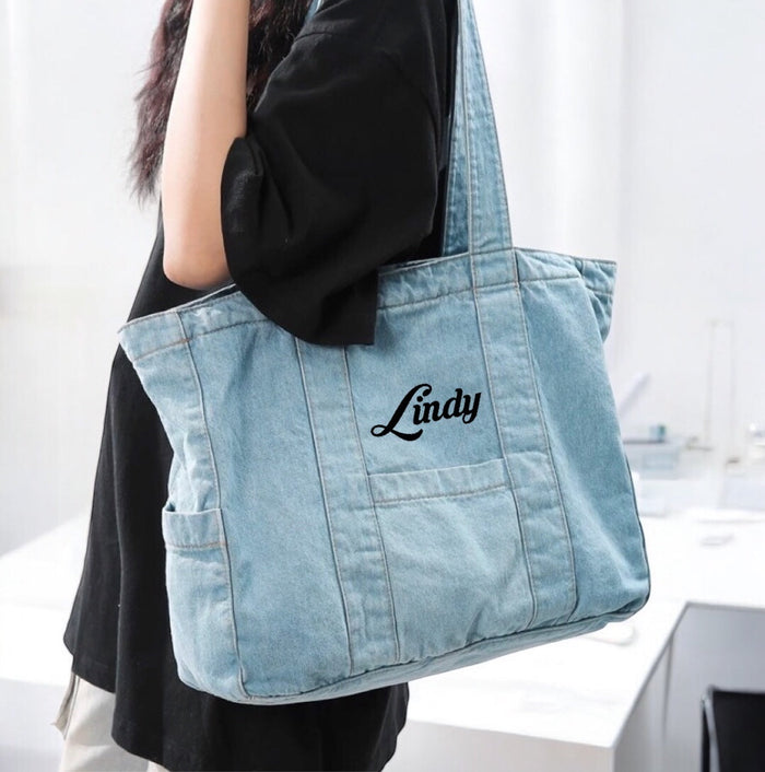 Personalized Denim Tote Bag Travellers Hat Boutique