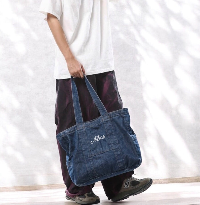 Personalized Denim Tote Bag Travellers Hat Boutique