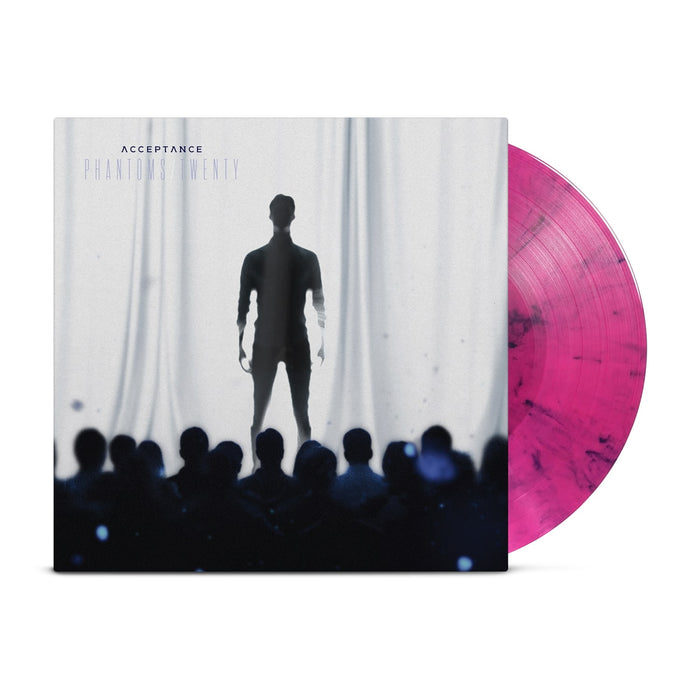 Acceptance’s Phantoms Twenty album cover shows a silhouetted figure before a white curtain and shadowed audience. Features Bubblegum Pink marbled vinyl (with black), plus full digital album download included.