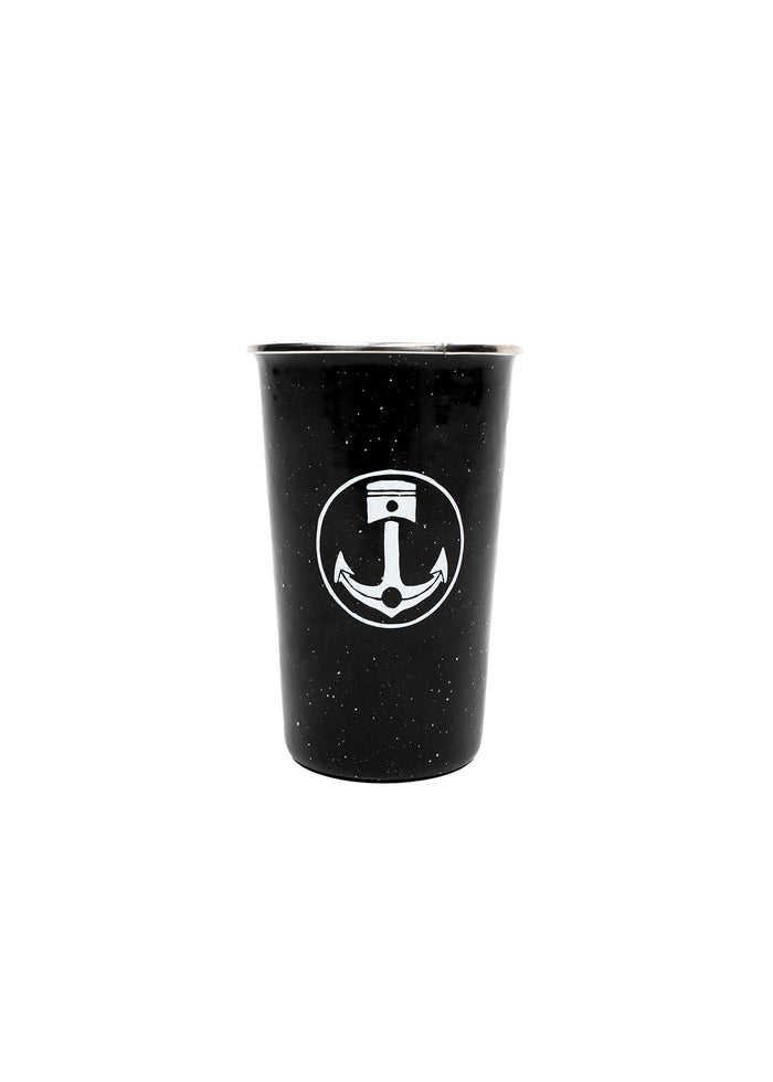 Black speckled cup with a white anchor logo centered on the front, set against a plain white background.