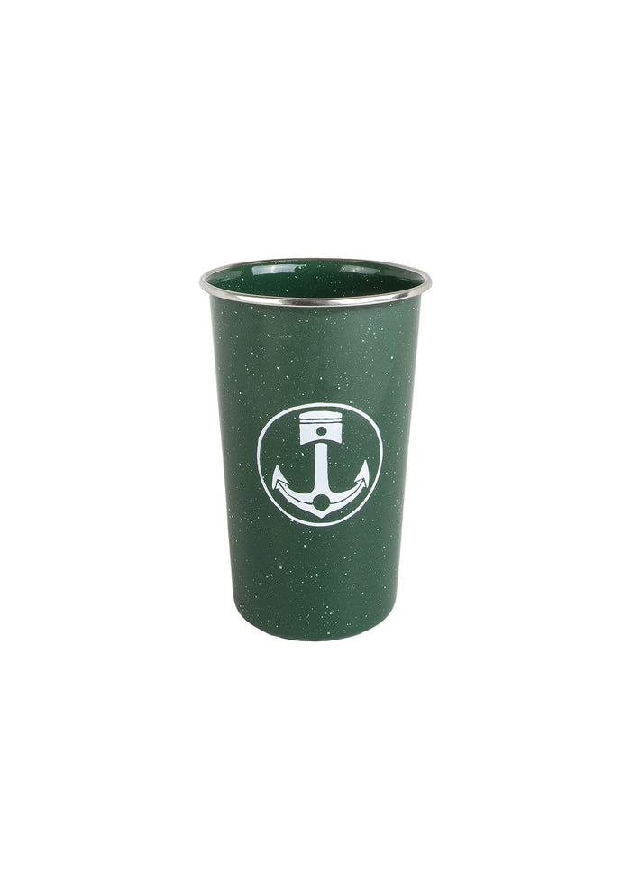 Green enamel cup with white anchor logo on front, featuring a speckled design and metal rim, isolated on a white background.