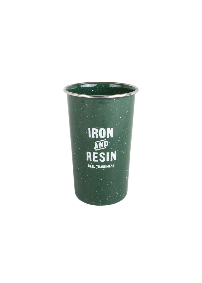 Green speckled cup with "Iron and Resin" logo, featuring a metallic rim, isolated on a white background.