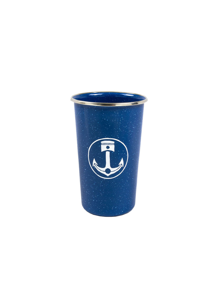 Blue speckled cup with a white anchor logo, featuring a silver rim, isolated on a white background.