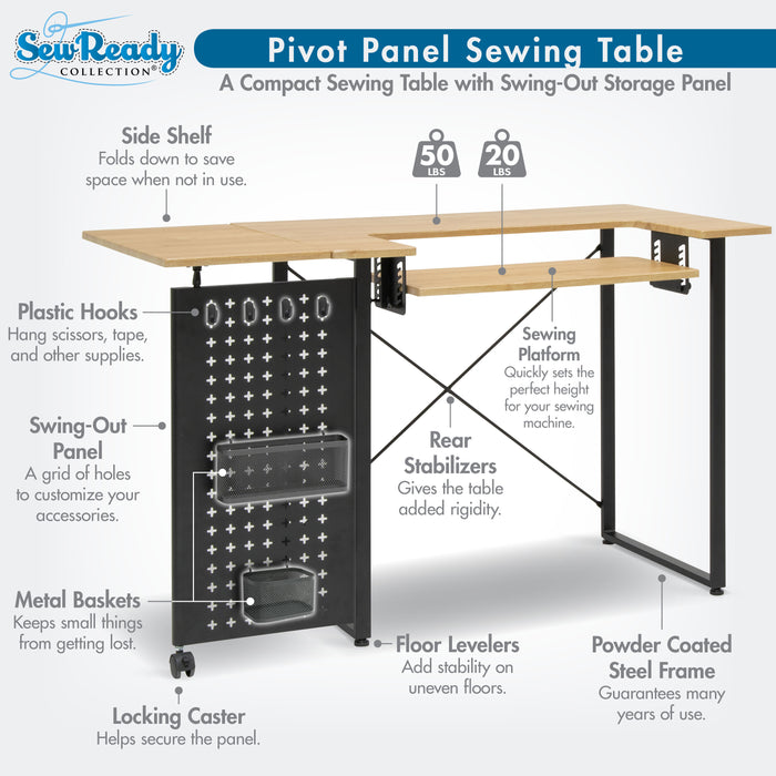 Pivot Sewing Table with Swingout Pegboard Panel with Storage Accessories and Height Adjustable Platform Graphite/Ashwood 13395