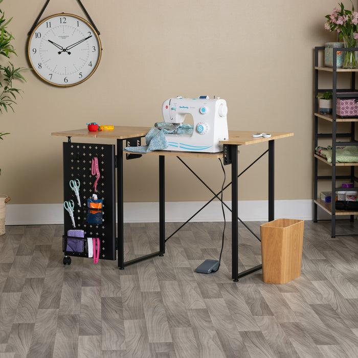 Pivot Sewing Table with Swingout Pegboard Panel with Storage Accessories and Height Adjustable Platform Graphite/Ashwood 13395