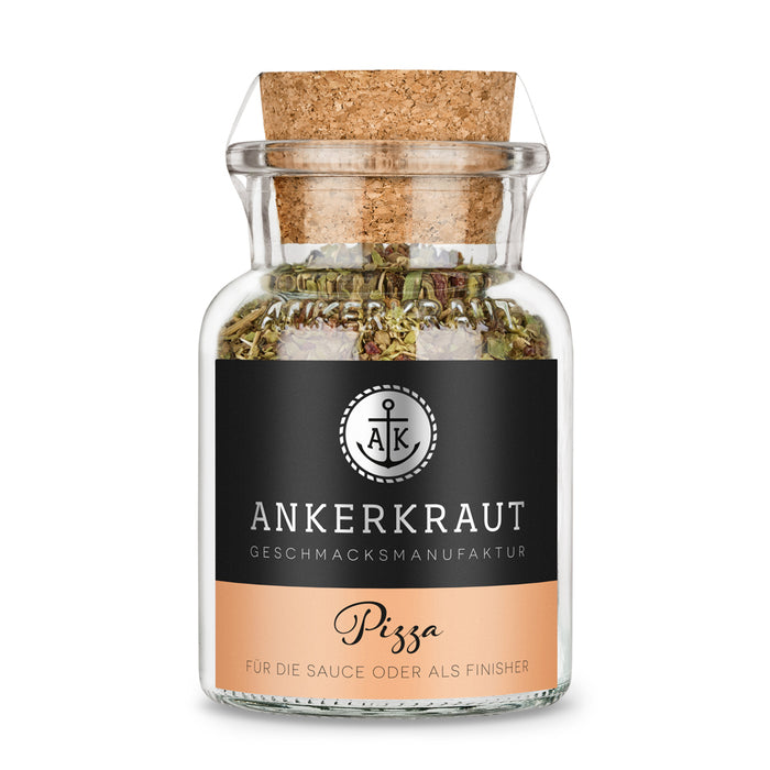 Pizzagewürz von Ankerkraut im Korkenglas auf weißem Hintergrund.