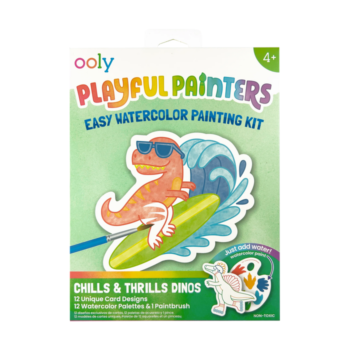 Front packaging of OOLY Chills and Thrills Dinos Playful Painters Easy Watercolor Painting Kit on white background