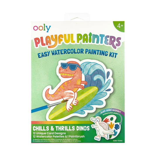 Front packaging of OOLY Chills and Thrills Dinos Playful Painters Easy Watercolor Painting Kit on white background