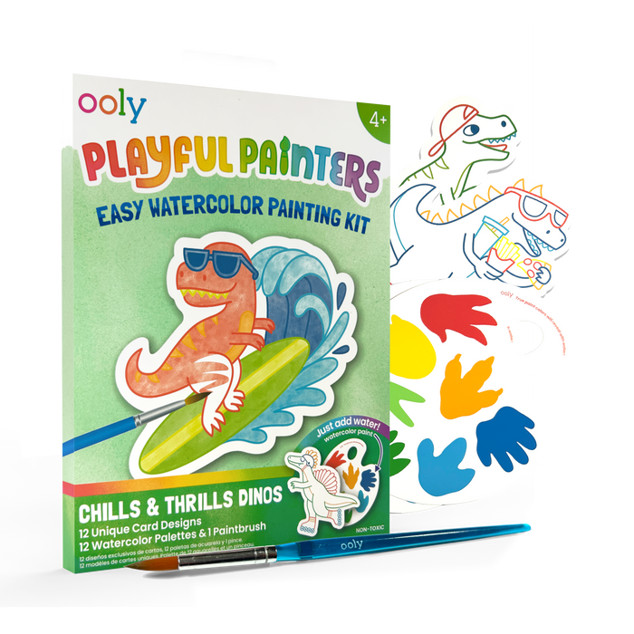Quarter angle of packaging of OOLY Chills and Thrills Dinos Playful Painters Easy Watercolor Painting Kit on white background