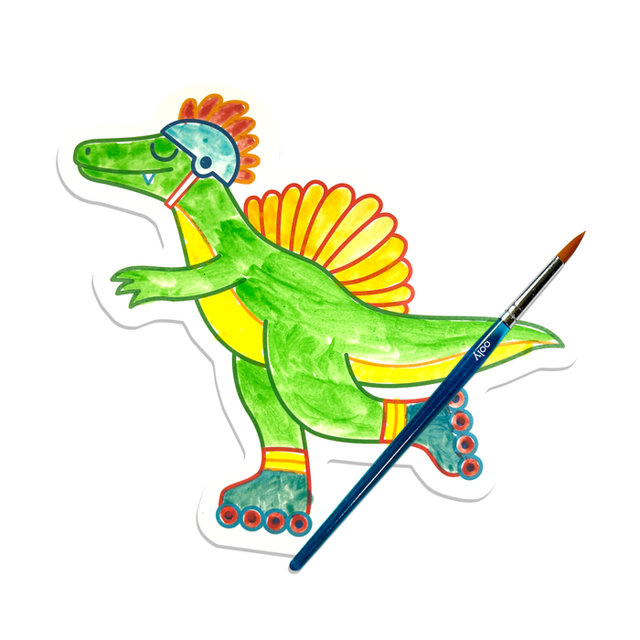 Watercolor dinosaur paint card and paintbrush from the OOLY Chills and Thrills Dinos Playful Painters Easy Watercolor Painting Kit on a white background