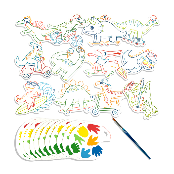 All paint cards, paint palettes and paint brush from the OOLY Chills and Thrills Dinos Playful Painters Easy Watercolor Painting Kit on a white background