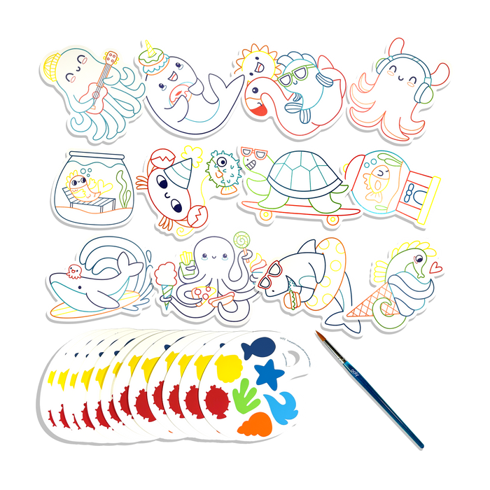 Paint cards, palettes and paint brush from the OOLY Ocean Fun Playful Painters Easy Watercolor Painting Kit