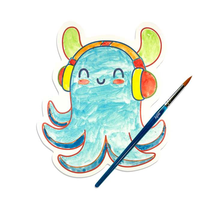 Colorful octopus  with headphones and a paintbrush painted with OOLY Ocean Fun Playful Painters Easy Watercolor Painting Kit on a white background