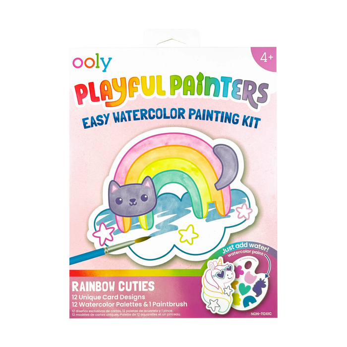 Front packaging of OOLY Rainbow Cuties Playful Painters Easy Watercolor Painting Kit on a white background