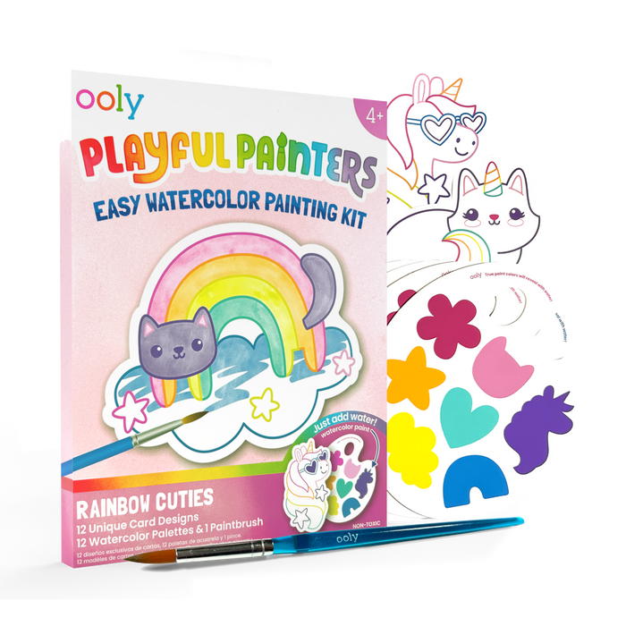 Quarter angle of OOLY Rainbow Cuties Playful Painters Easy Watercolor Painting Kit on a white background
