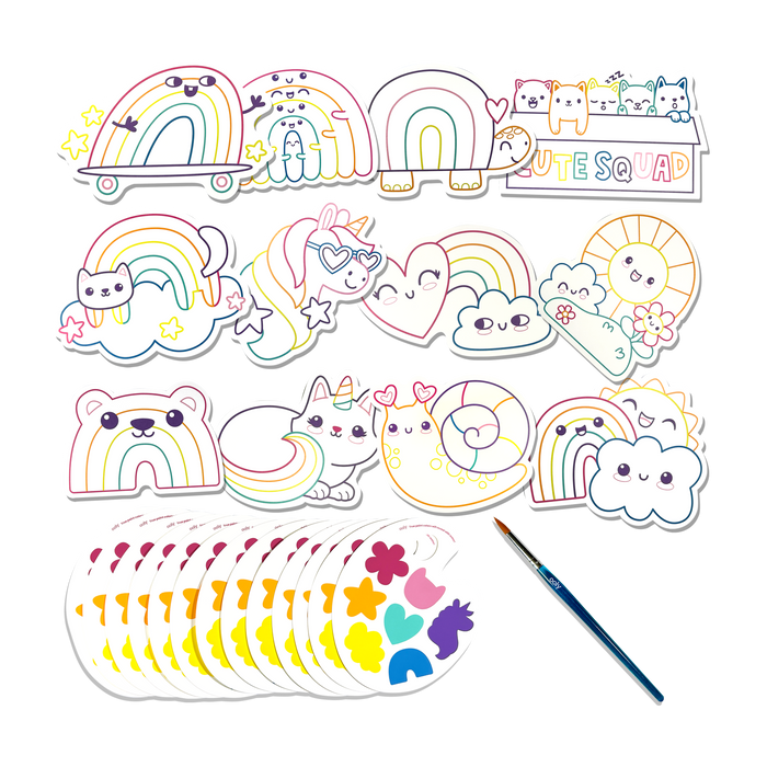 All paint palettes and paint cards from the OOLY Rainbow Cuties Playful Painters Easy Watercolor Painting Kit on a white background.