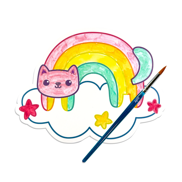 Watercolor painting of a rainbow cat on a cloud made from the OOLY Rainbow Cuties Playful Painters Easy Watercolor Painting Kit