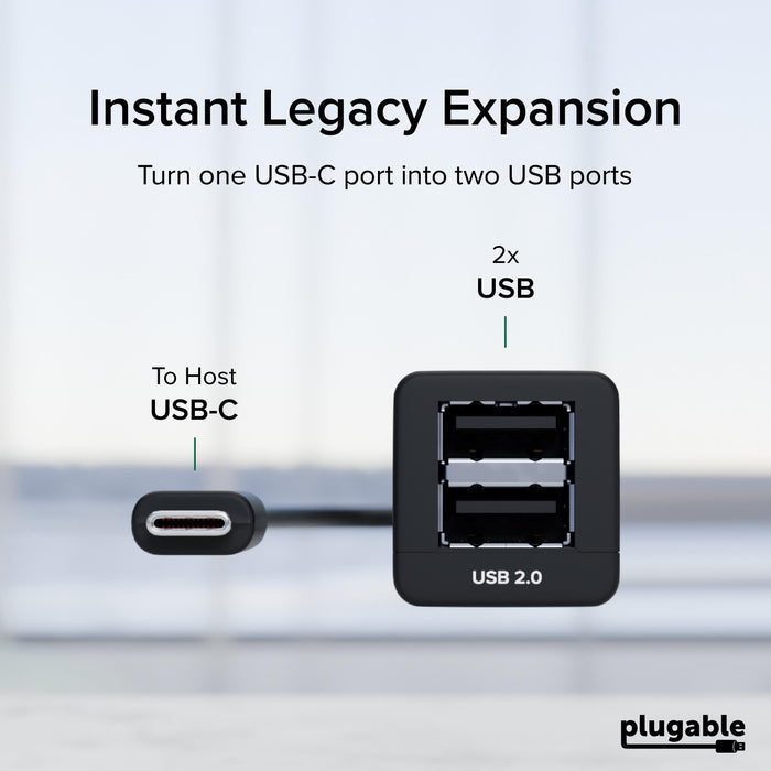 USBC-2PORT adapter: one USB-C host connector and two USB 2.0 ports.