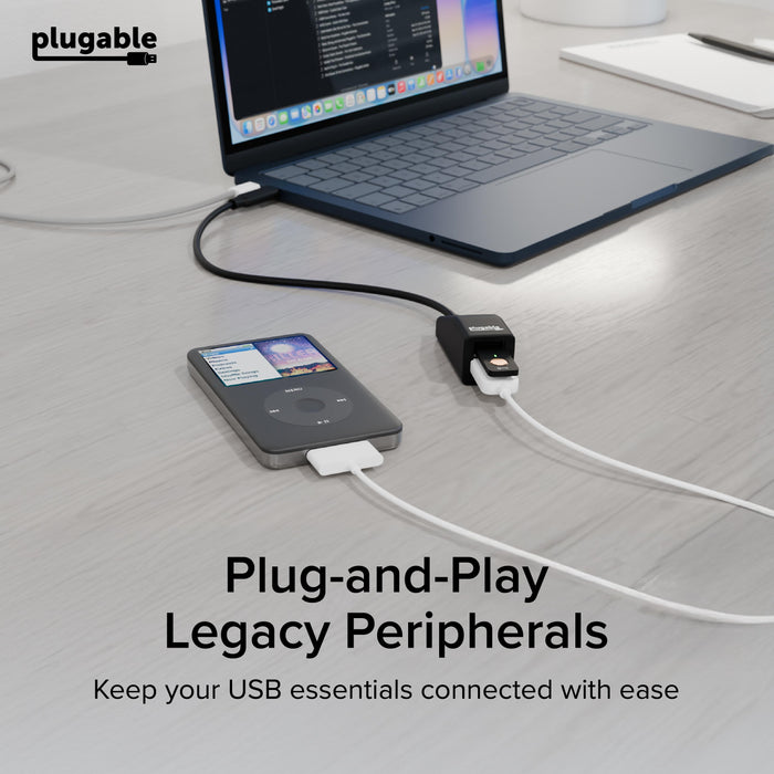USBC-2PORT adapter connecting a legacy iPod and a USB-A device to a laptop via USB-C.
