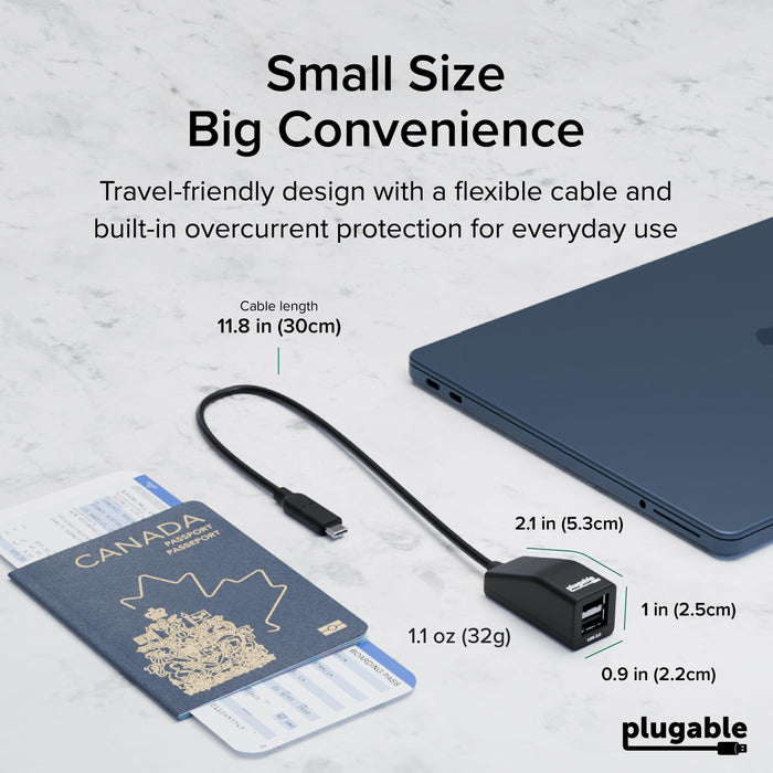 USBC-2PORT hub: 11.8 in cable, 2.1 x 1 x 0.9 in dimensions, 1.1 oz weight, features USB 2.0 ports.
