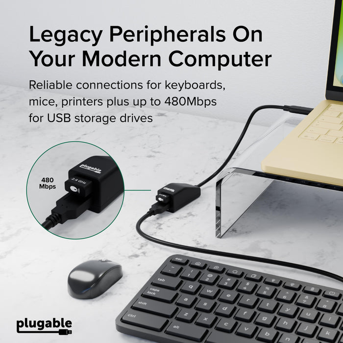 USBC-2PORT adapter supports 480Mbps data transfer and 2.4GHz wireless peripherals for keyboards, mice, and drives.