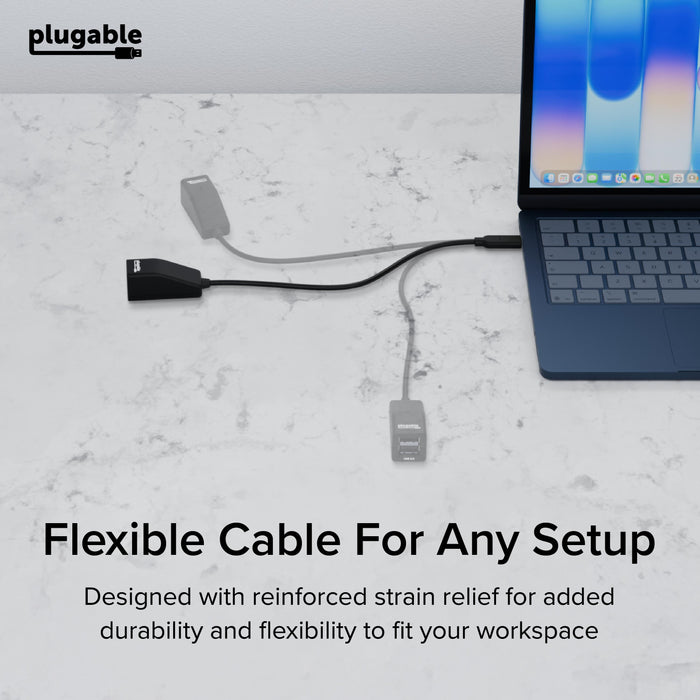 USBC-2PORT adapter with flexible cable and reinforced strain relief connected to a laptop.
