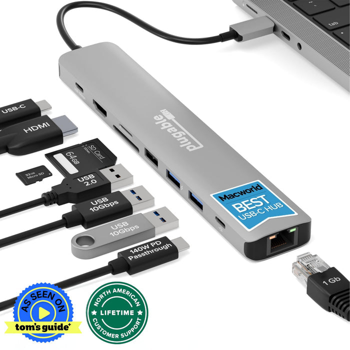 Plugable USBC-9IN1E 9-in-1 hub with 140W PD, 10Gbps USB, SD, Micro SD, HDMI, and Gigabit Ethernet ports.
