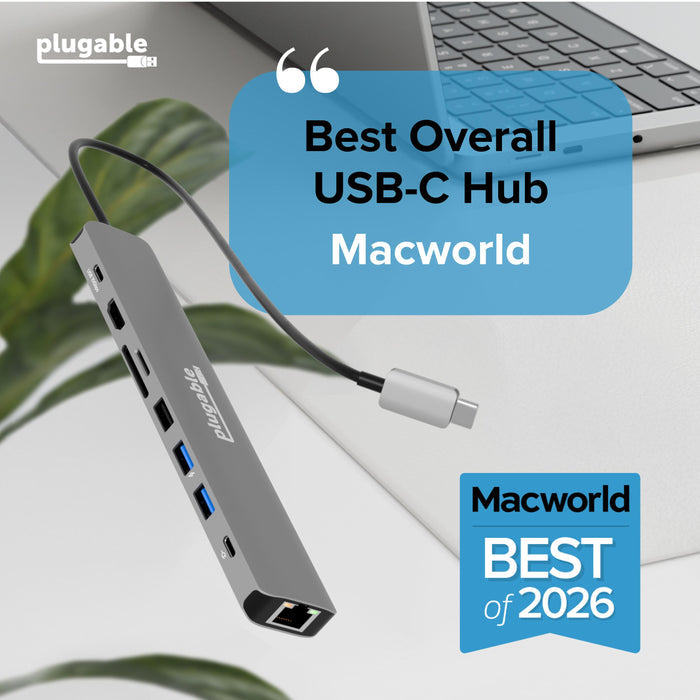 Plugable USBC-9IN1E hub labeled Best Overall USB-C Hub by Macworld Best of 2026, showing 10Gbps USB port and Ethernet.