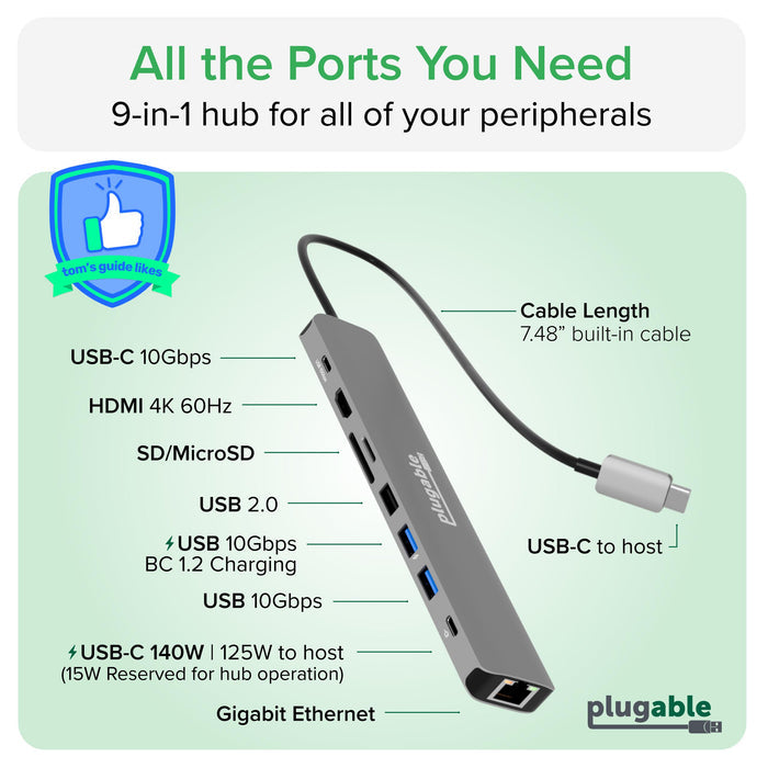 Plugable USBC-9IN1E 9-in-1 hub: 7.48-inch cable, USB-C 10Gbps, 4K 60Hz HDMI, SD/MicroSD, USB 2.0, USB 10Gbps, Ethernet.