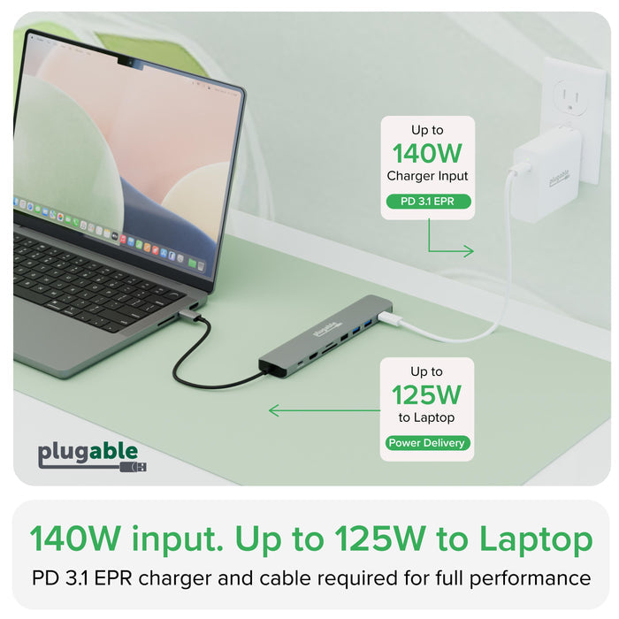USBC-9IN1E supports 140W PD 3.1 EPR charger input and delivers up to 125W Power Delivery to the connected laptop.
